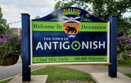 The Welcome to Antigonish sign.  They are very proud of their Scottish & Gaelic heritage.