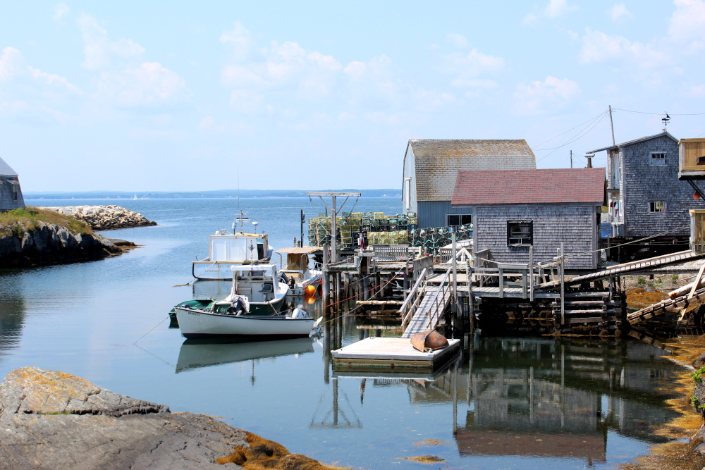 A scenic view of the Blue Rocks coastline. You'll see fishing shacks, boats, kayaking tours and the beautiful Atlantic coast.