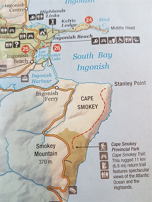 This is a great picture showing the location of Cape Smokey in the Ingonish area.  This is on the Cabot Trail in north eastern Cape Breton.