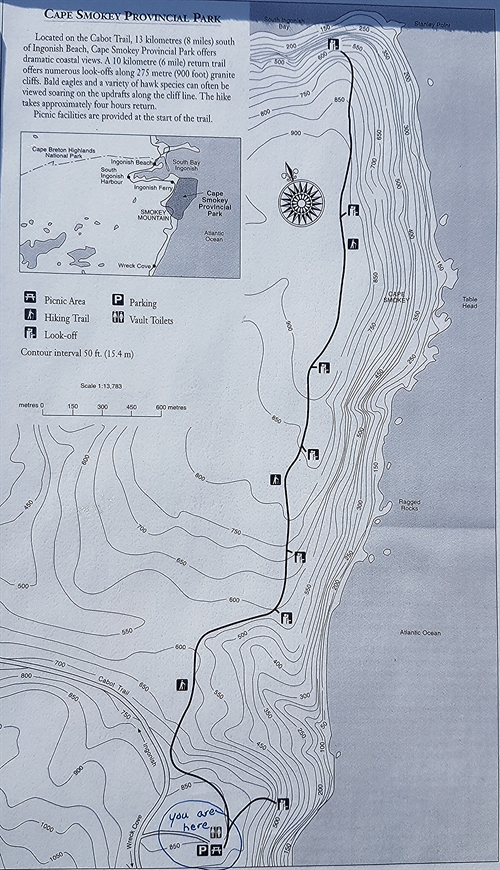 This is the map of the Cape Smokey trail that you'll see at the trailhead.  It gives a good indication of differing elevations as you hike the trail.