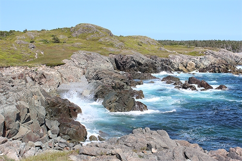 Awesome view of the crashing waves on the Louisbourg Lighthouse trail. Note the trail in the upper left side of the picture.