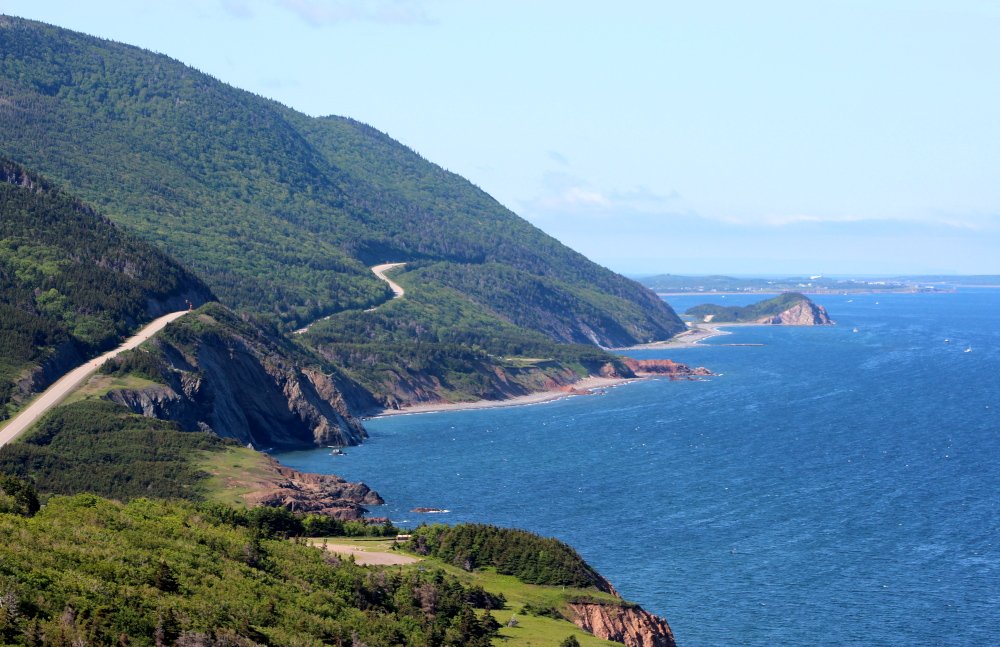 The world-famous Cabot Trail in Cape Breton. A view looking south toward the Acadian village of Cheticamp.