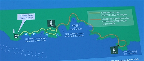 This is the Louisbourg Lighthouse trail map found at the trailhead.  It indicates significant spots along the trail.