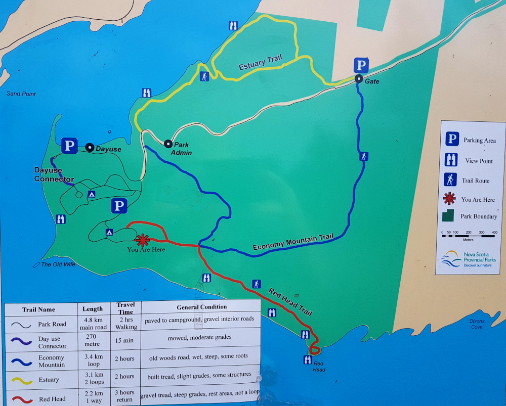 This map at the trailhead for the Red Head hike shows the hiking trail system at the Five Islands Provincial park.