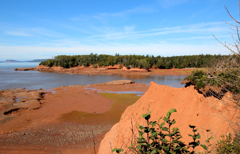 Looking towards the beach at Thomas Cove from the Headlands trail.  The beach area completely empties of water at low tide. A beautiful spot to explore along the Bay of Fundy.